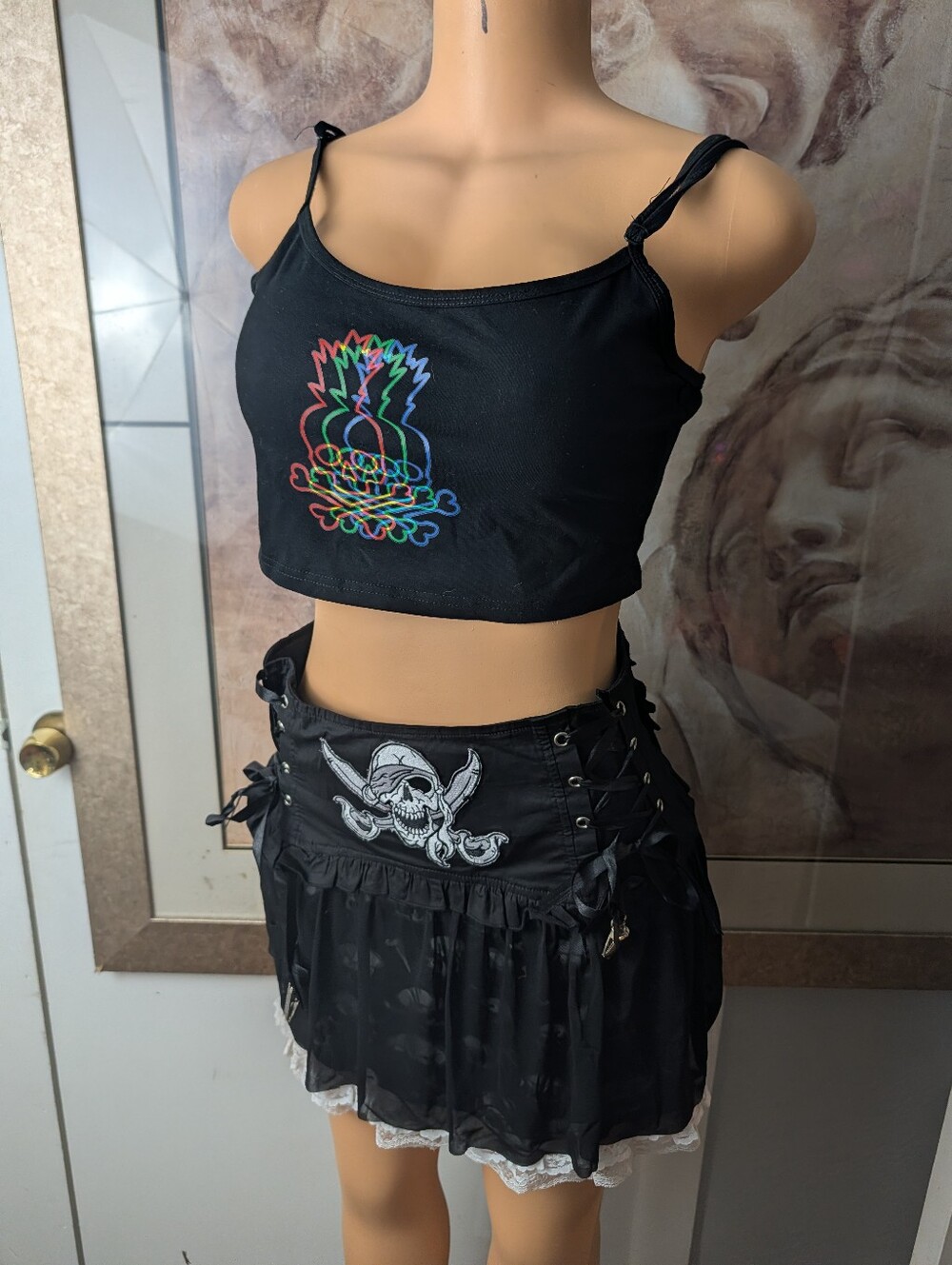 Rare Vintage Queen of Darkness Goth Pirate Skull Mini Skirt Size 28(Eu) S(US)